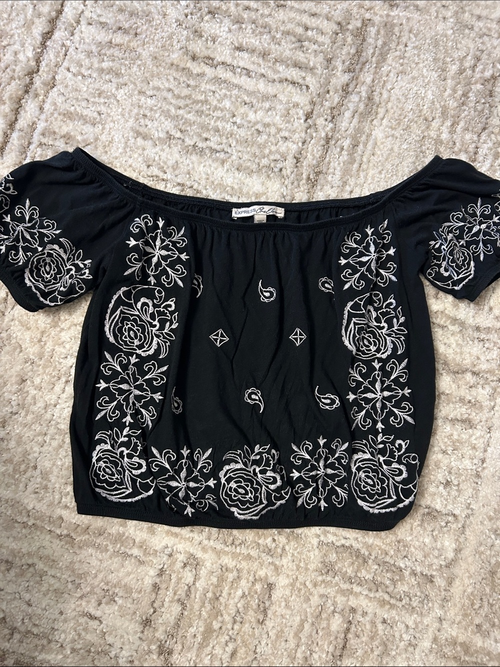 Express One Eleven Black White Embroidered Off Shoulder Top S